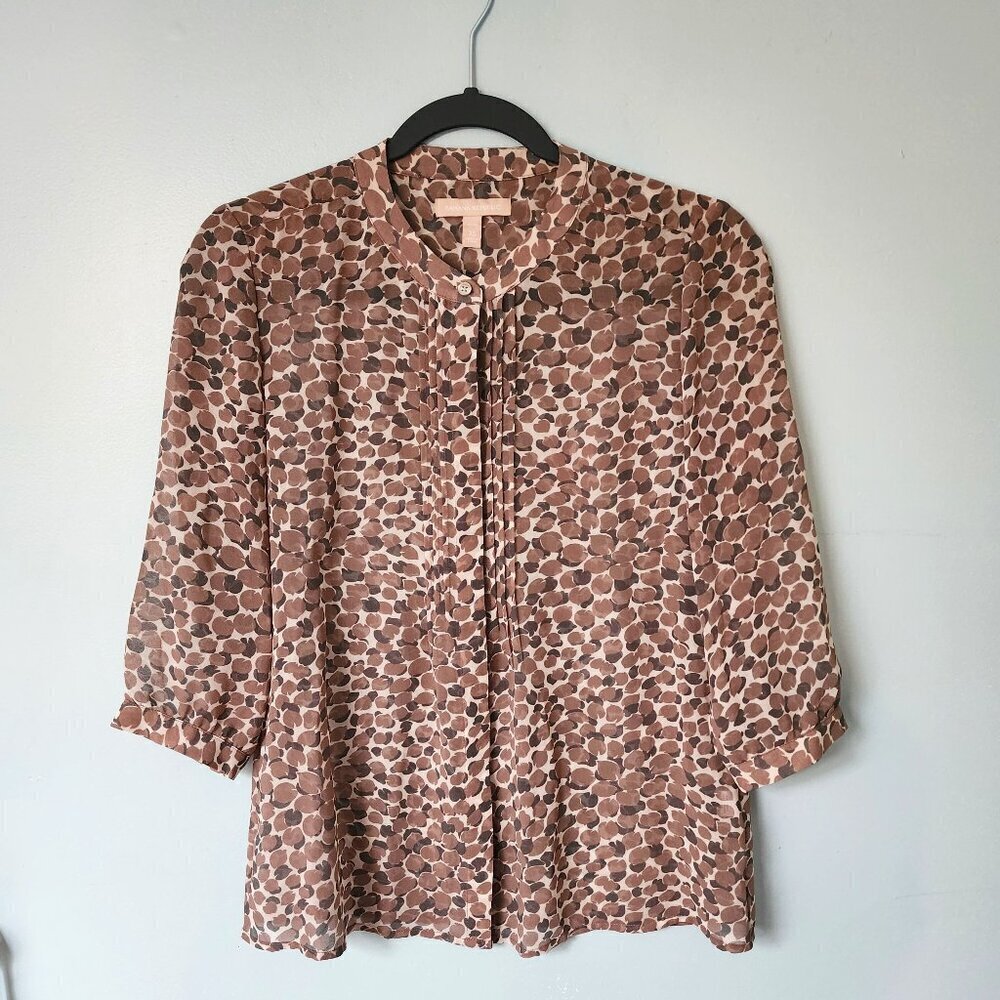 Banana Republic Top Womens XS Brown Teak Wood Print Petite Blouse